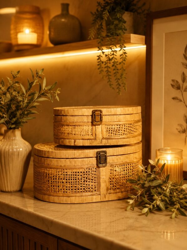 Caixa Decorativa Oval em Rattan com Tampa de Vidro | Organização e Decoração Sofisticada
