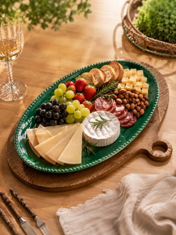 Tábua Oval Grande com Prato Verde | Elegância Rústica para Servir e Decorar