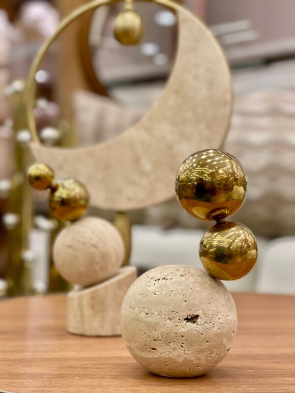 Escultura Esférica Metal e Mármore Travertino - B