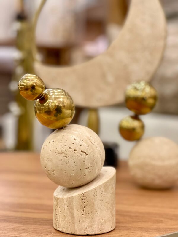 Escultura Esférica Metal e Mármore Travertino - A