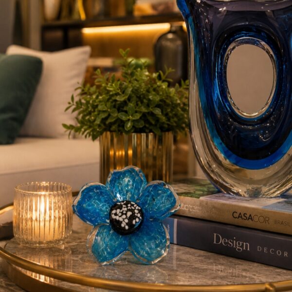 Escultura Flor em Vidro Murano Azul Decorativa