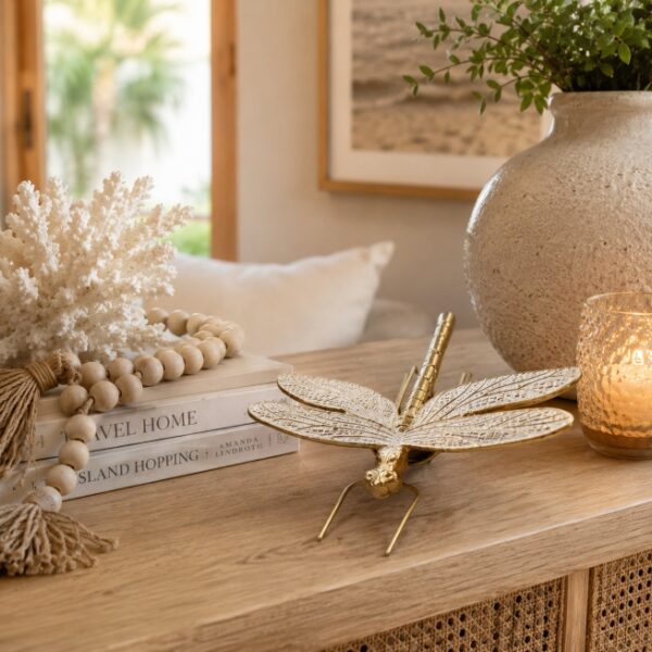 Escultura Decorativa Libélula G em Metal Dourado – Símbolo de Transformação e Elegância