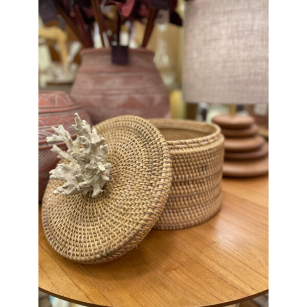 Caixa Decorativa Rattan Trançado com Coral – Peça Exclusiva